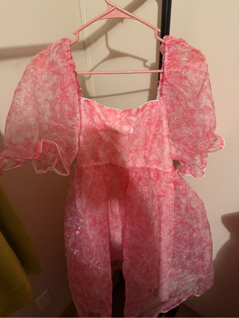 SHEIN Pink Sheer Floral Puff Sleeve Mini Dress
